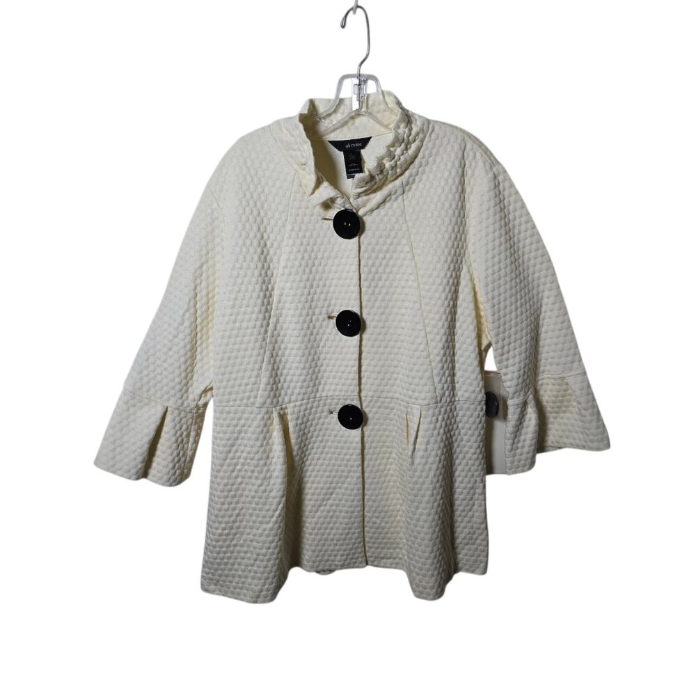 Ali Miles Textured Swing Jacket Womens Large Cream Ruffle Collar Button Front
